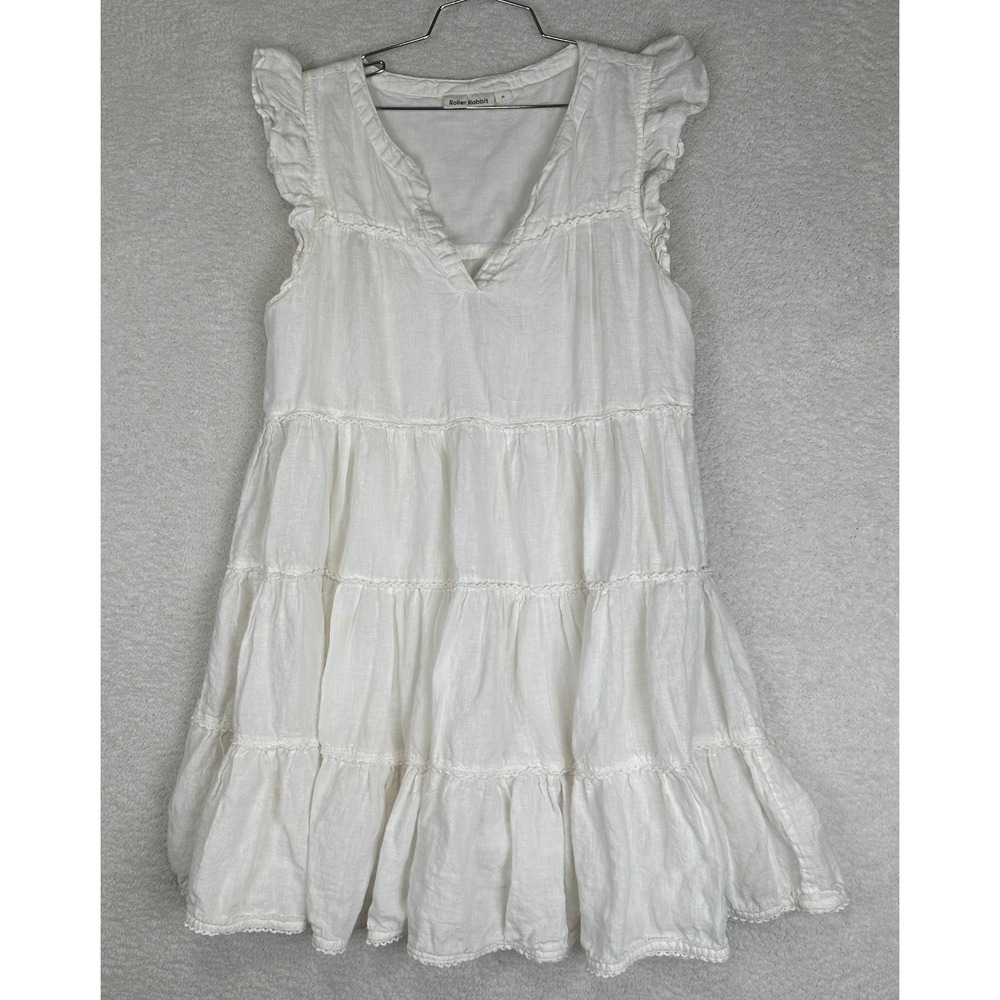 Roller Rabbit Tiered Linen Dress White Boho Ruffle Knee Length‎ Women's size M